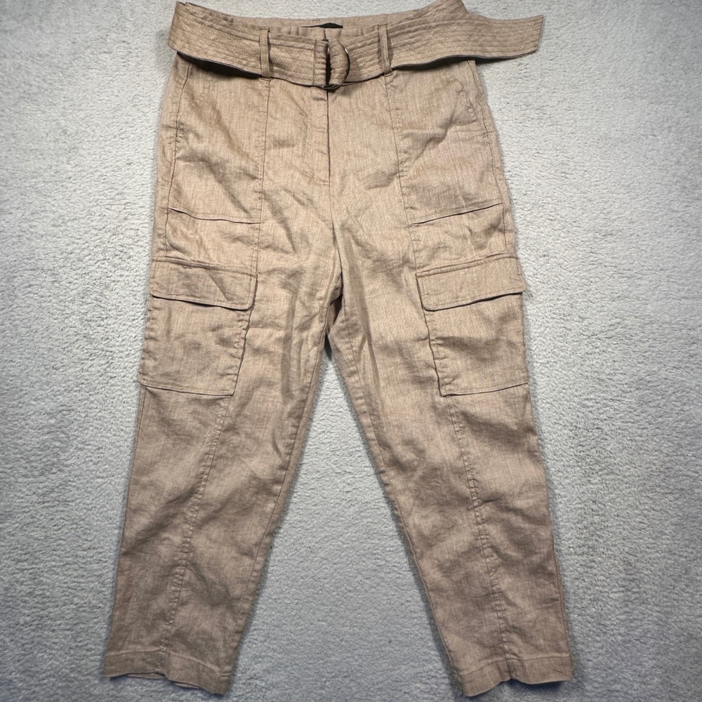 WHITE HOUSE BLACK MARKET Tapered Ankle Cargo Pants Belted Linen Blend 10S Tan